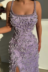 Fabulous Lilac Mermaid Spaghetti Strap Beaded Sleeveless Split Front Floor-Length Prom Dresses With Pearls And 3D Flowers